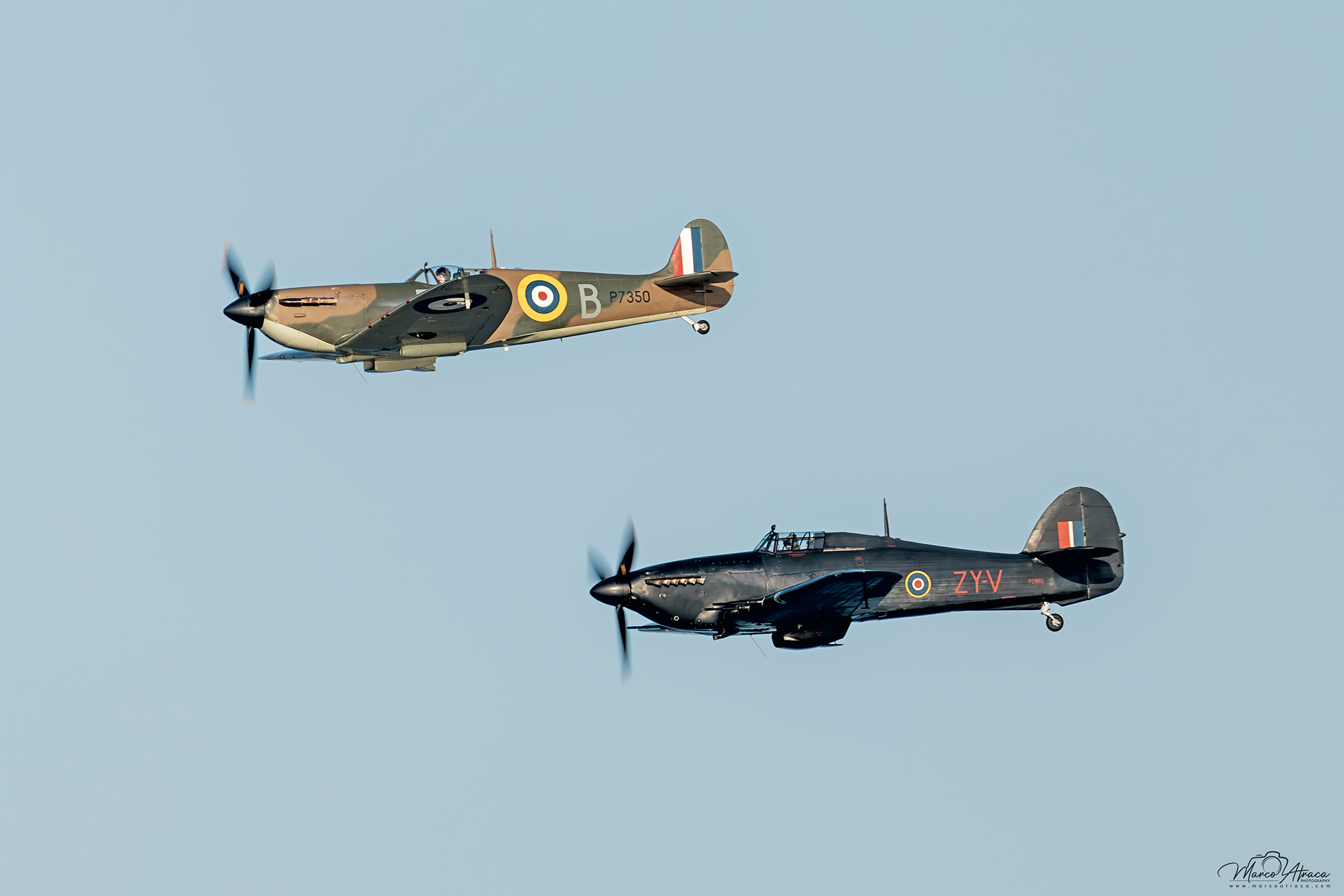 Spitfire and Hurricane from the Battle of Britain Memorial Flight flying over Torbay at the English Riviera Airshow 2026.